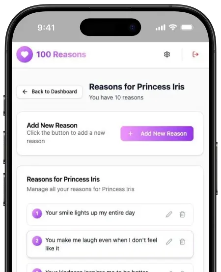 Mobile app screen displaying text input to write a heartfelt love reason