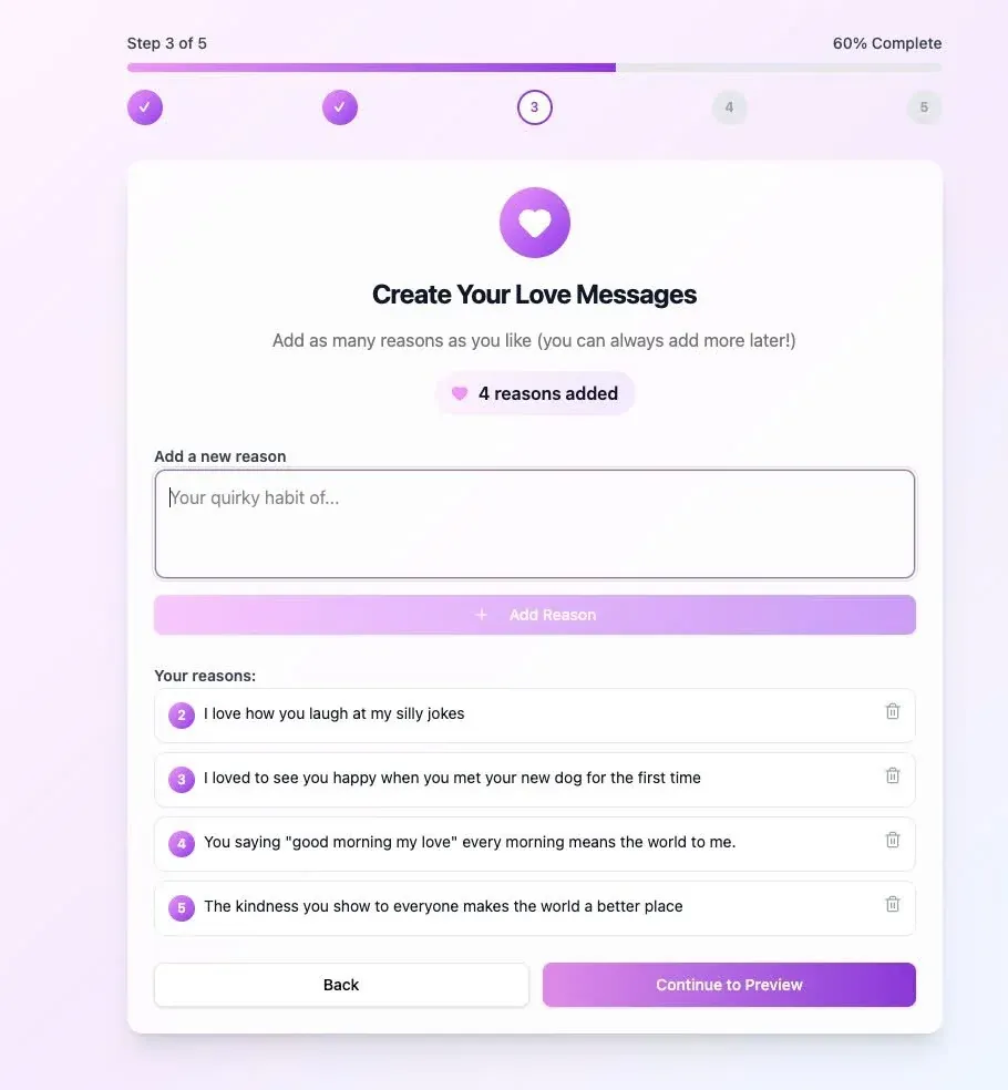 App screenshot showing love messages